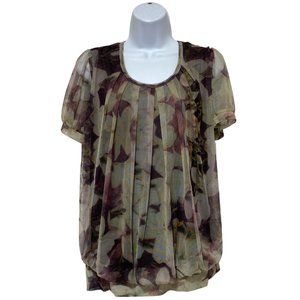 Women's Large Short Sleeve Blouse Pleated Neck ,Mauve, Light Green Floral Design